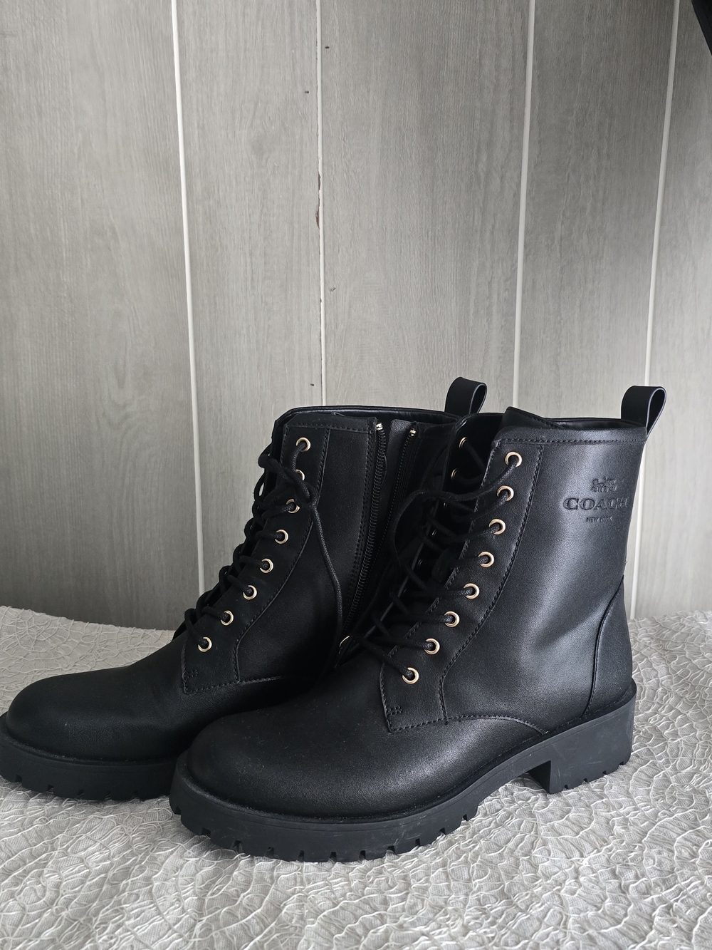 Coach Black Leather Lace-Up Combat Boots with Lug Sole